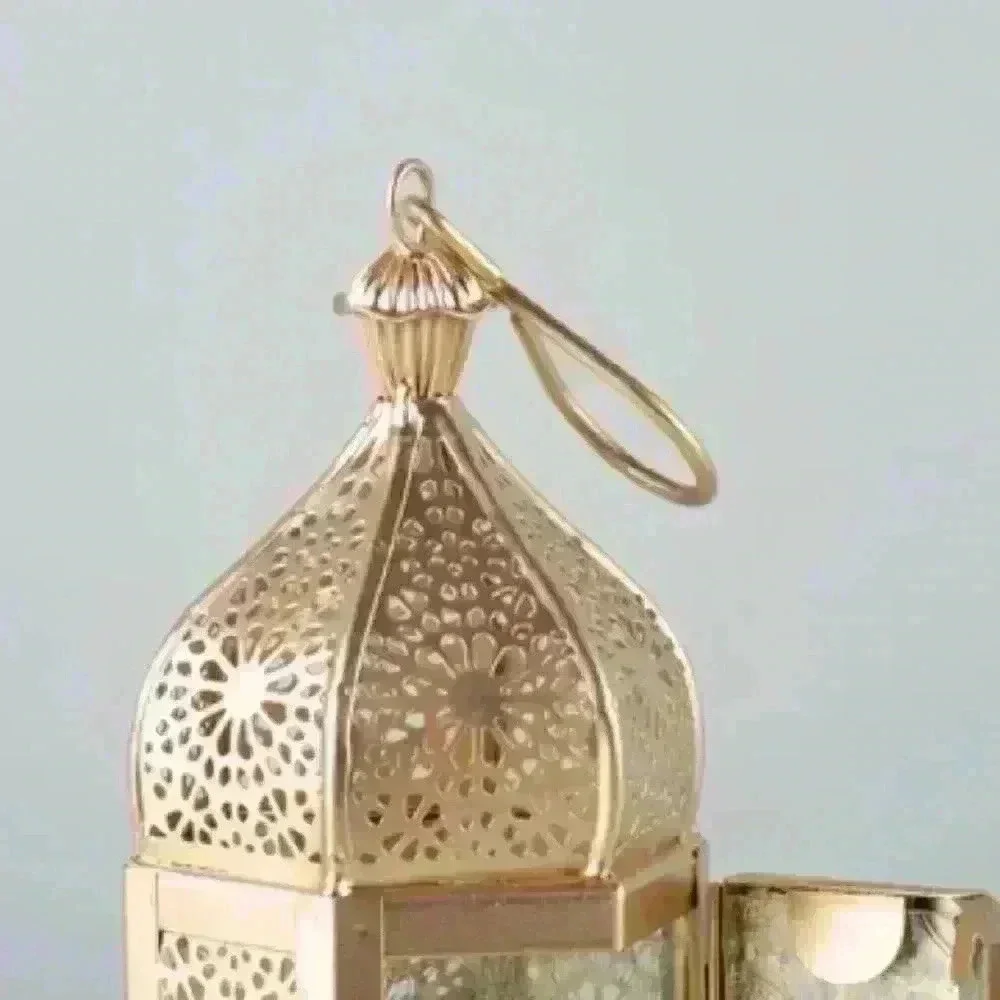 Handmade Medium Metal and Etched Glass Tea Light Hanging Lantern in Classic Gold
